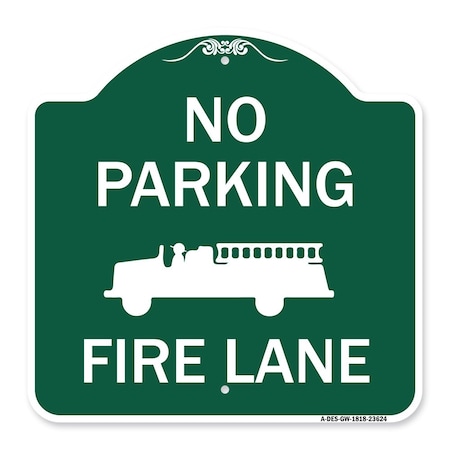 No Parking Fire Lane With Graphic, Green & White Aluminum Architectural Sign